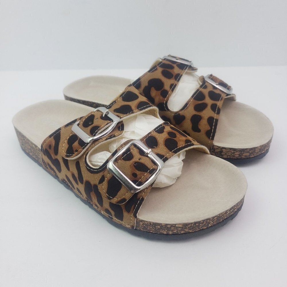 Herstyle Softey Womens Size 6 Leopard Slip on Comfort Cork Buckled Slide Sandals